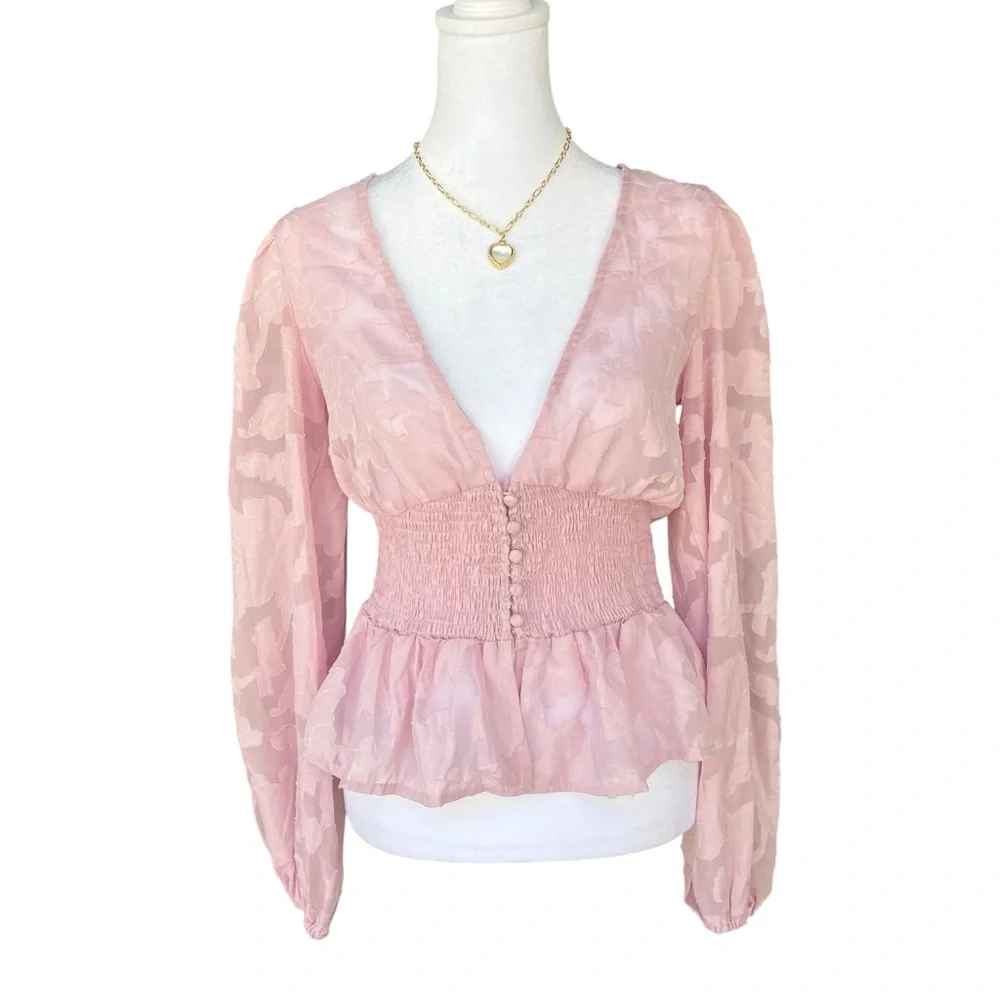 Lulu's Patio Date Floral Jacquard Button-Up Long Sleeve Top - Picture 5 of 11